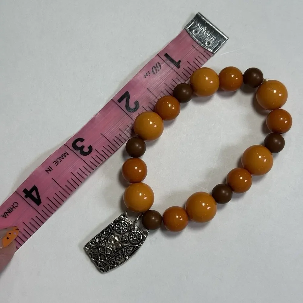 Owl Charm‎ Orange and Brown Beaded Stretch Bracelet Fall Neutral Owl You Forever
